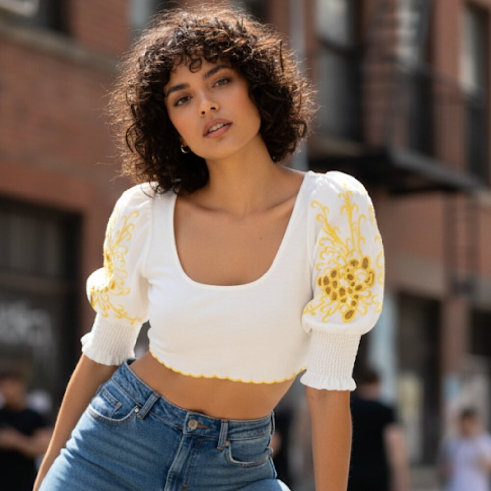 Secret Mission Ellis Top Organic Cotton Linen Balloon-Sleeve Crop Top M NWT $350